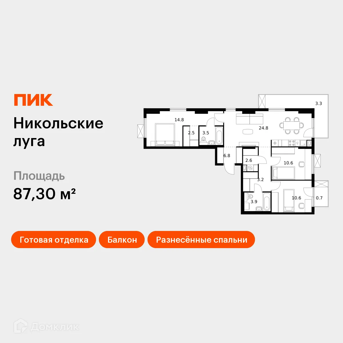 Планировка 3-комнатной квартиры 87.3 м² в ЖК Никольские луга, г. Москва — фото 1