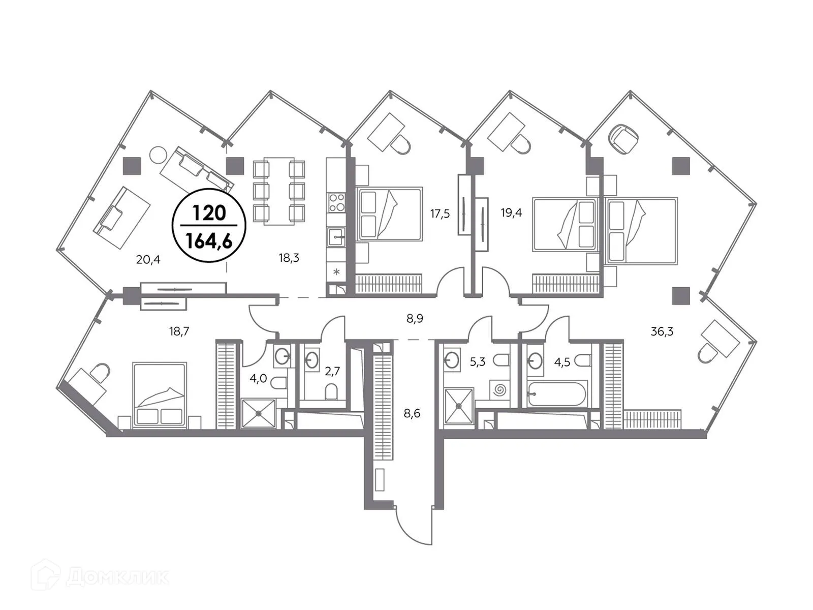 Планировка 4-комнатной квартиры 164.6 м² в ЖК МОНБЛАН, г. Москва — фото 3