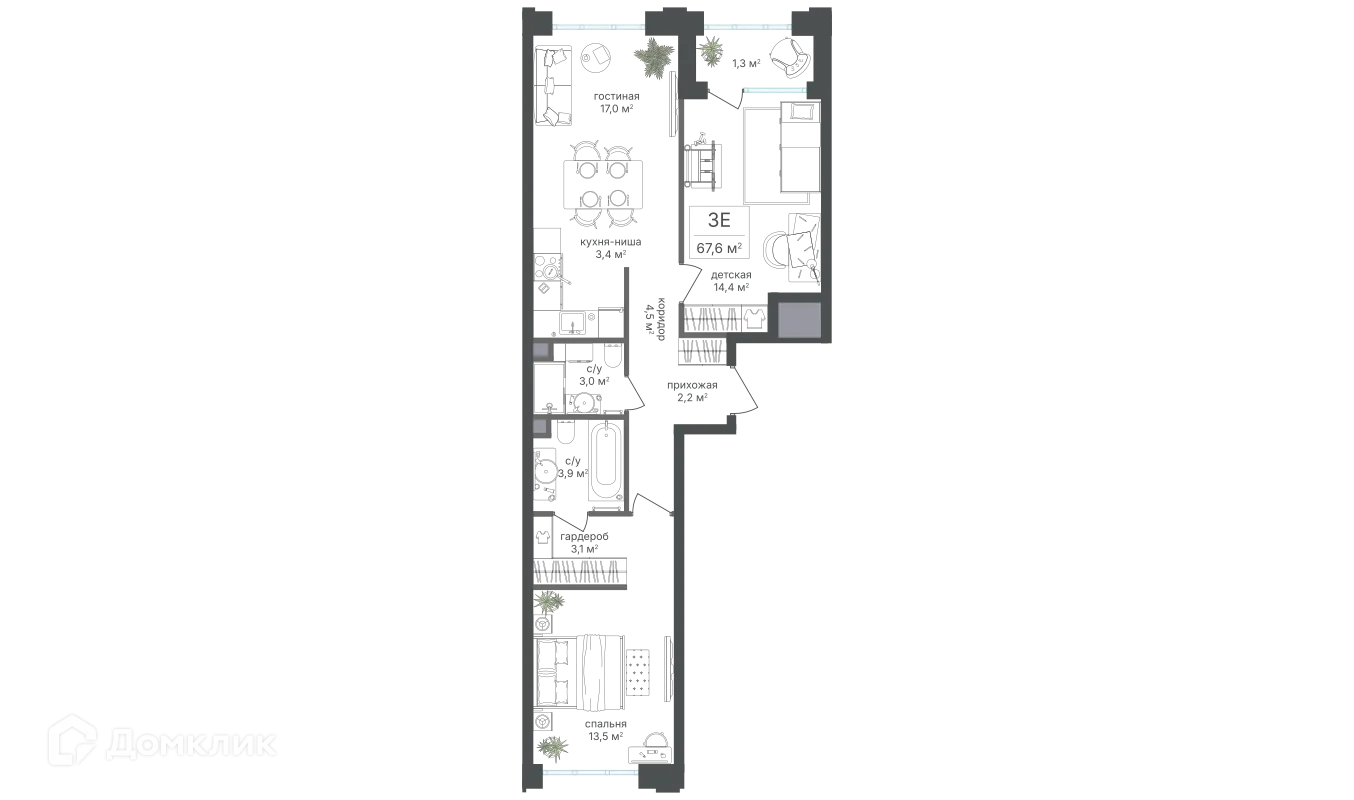 Планировка 3-комнатной квартиры 66.3 м² в ЖК Михалковский, г. Москва — фото 1