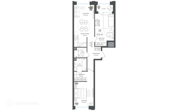 Планировка 3 комн. в ЖК Михалковский