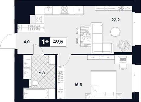 Планировка 1-комнатной квартиры 49.5 м² в ЮТУ, г. Москва — фото 1