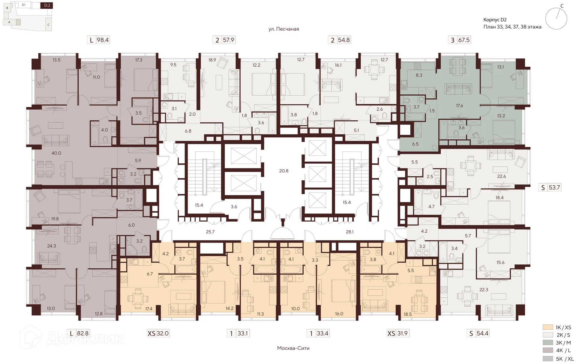 Планировка 1-комнатной квартиры 53.7 м² в ЖК Инди Тауэрз, г. Москва — фото 2