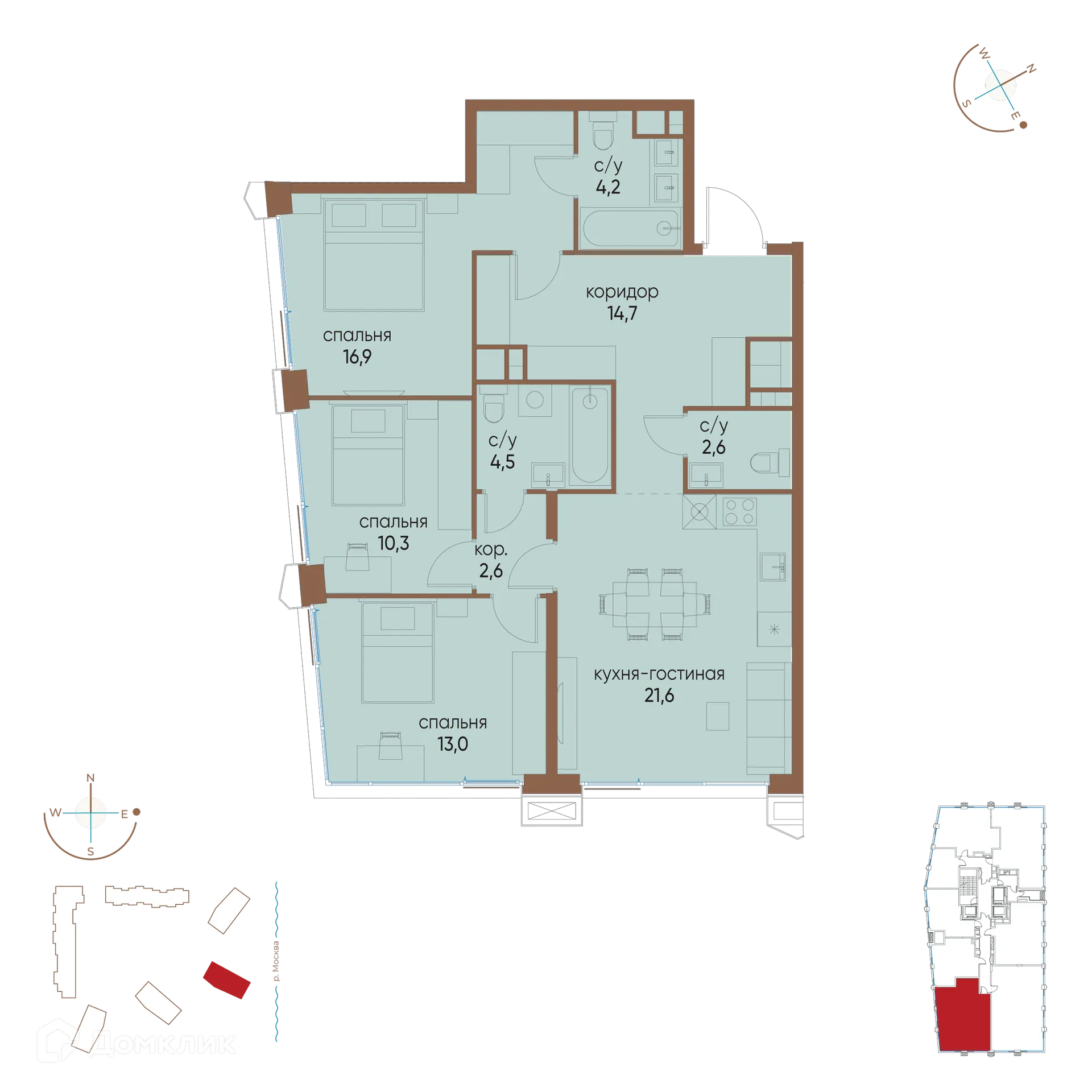 Планировка 3-комнатной квартиры 90.4 м² в ЖК "Остров", г. Москва — фото 1