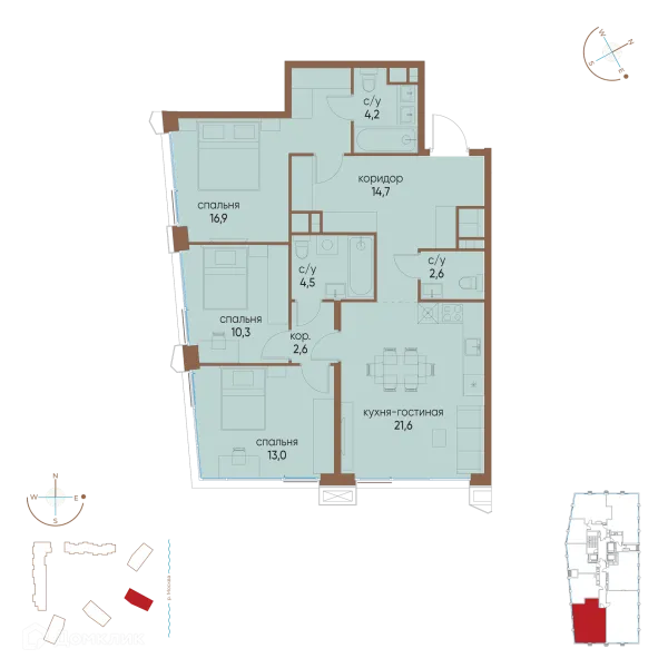 Планировка 3 комн. в ЖК "Остров"
