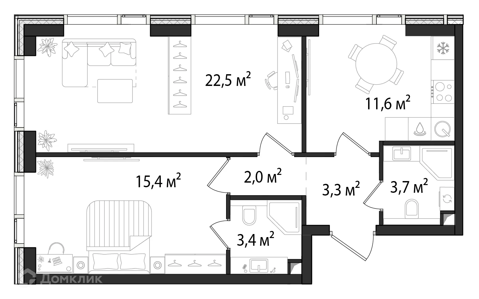 Планировка 2-комнатной квартиры 62.1 м² в ЖК «1-й Нагатинский», г. Москва — фото 1