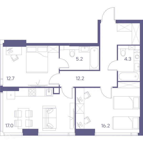 Планировка 2 комн. в Зе Лот от Аквилон