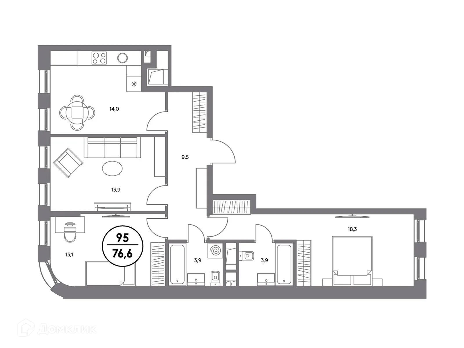 Планировка 3-комнатной квартиры 76.6 м² в ЖК АДМИРАЛ, г. Москва — фото 2