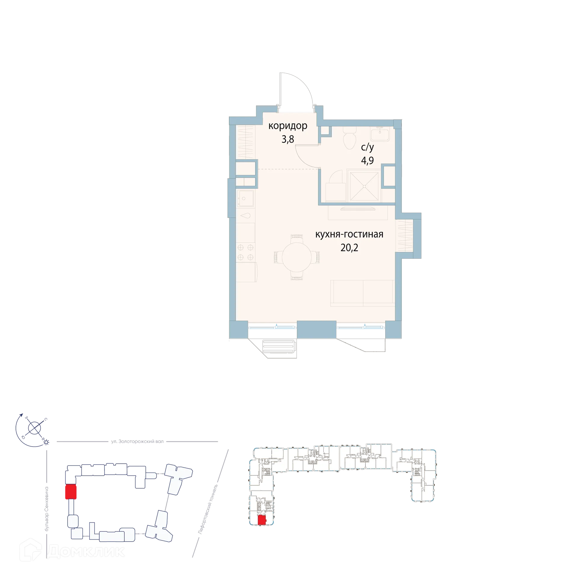 Планировка студии квартиры 28.9 м² в ЖК "Символ", г. Москва — фото 1