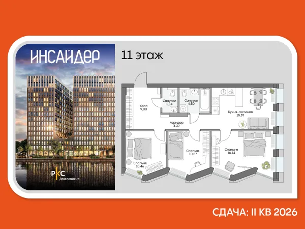 Планировка 3 комн. в ЖК Дом на набережной INSIDER (Дом на набережной ИНСАЙДЕР)