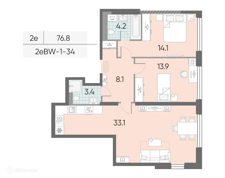 Планировка 2-комнатной квартиры 76.8 м² в ЖК "Зиларт", г. Москва — фото 2