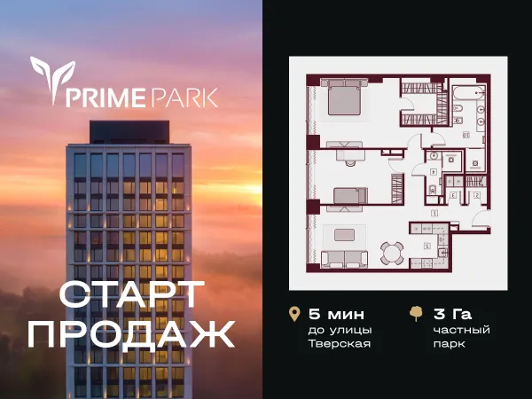Планировка 3 комн. в ЖК "Прайм Парк"