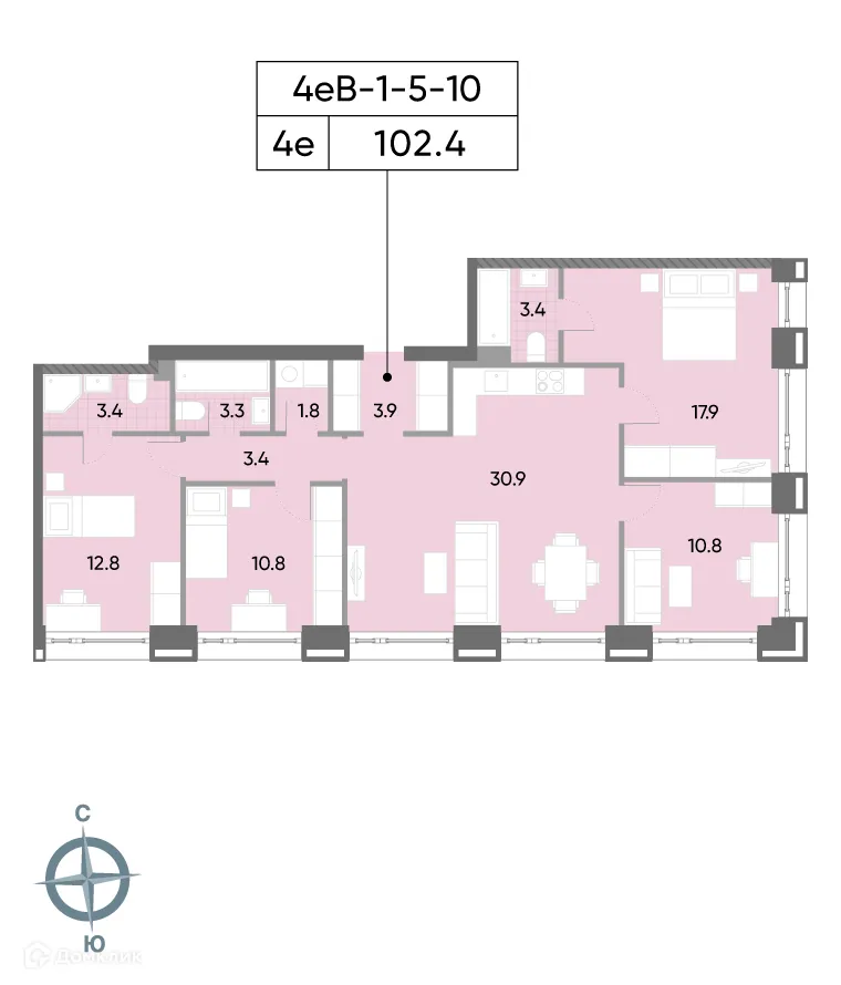 Планировка 4-комнатной квартиры 103.3 м² в ЖК "WAVE" (Вейв), г. Москва — фото 2