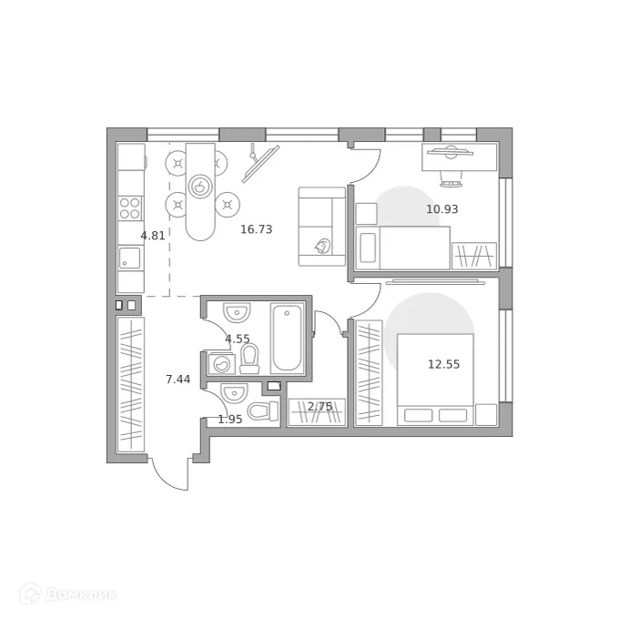 Планировка 3-комнатной квартиры 61.71 м² в ЖК BeLuck Коломенское (БеЛук Коломенское), г. Москва — фото 1