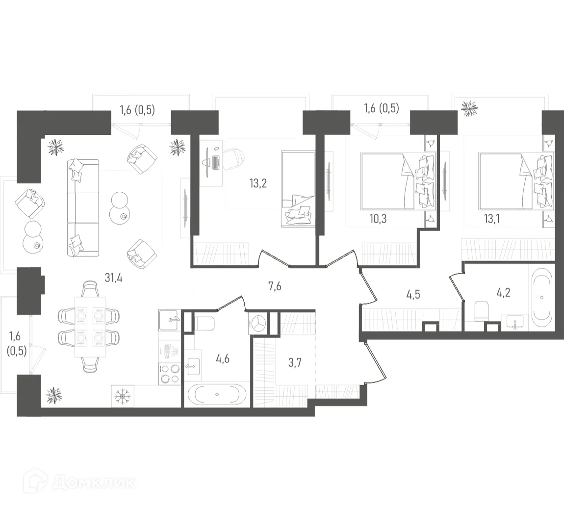 Планировка 3-комнатной квартиры 94.1 м² в ТАТУМ, г. Москва — фото 1