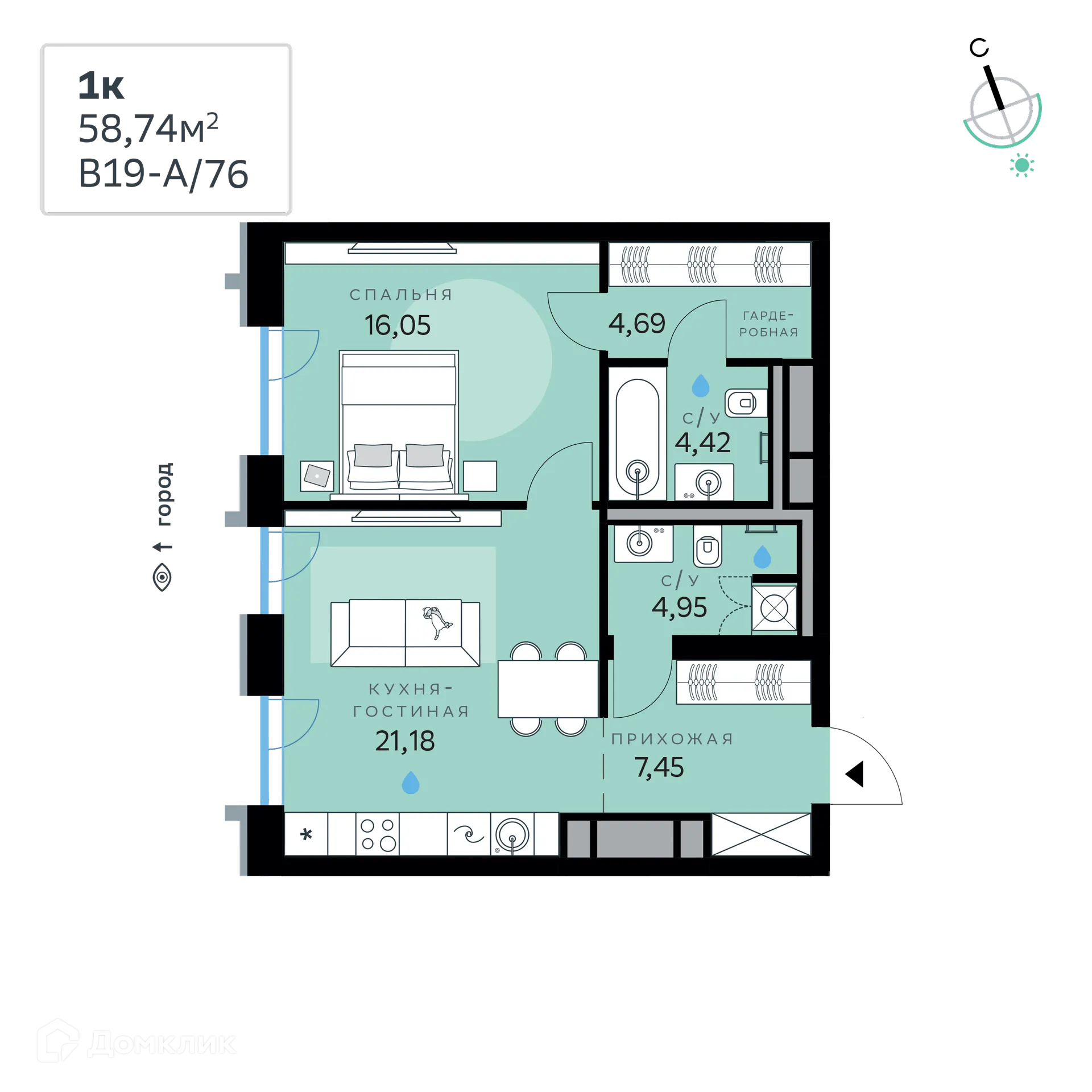 Планировка 1-комнатной квартиры 58.74 м² в СберСити - квартал В19, г. Москва — фото 1