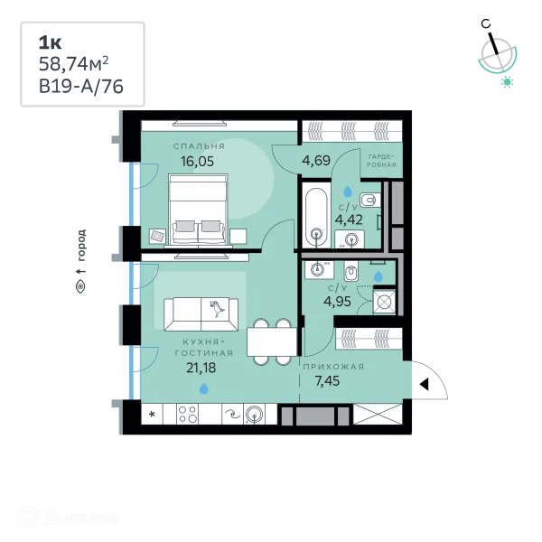 Планировка 1 комн. в СберСити - квартал В19