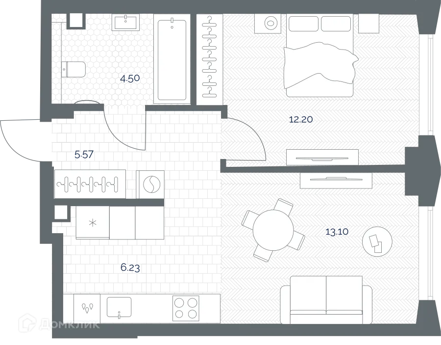 Планировка 1-комнатной квартиры 41.6 м² в ЖК TATE (Тейт), г. Москва — фото 2