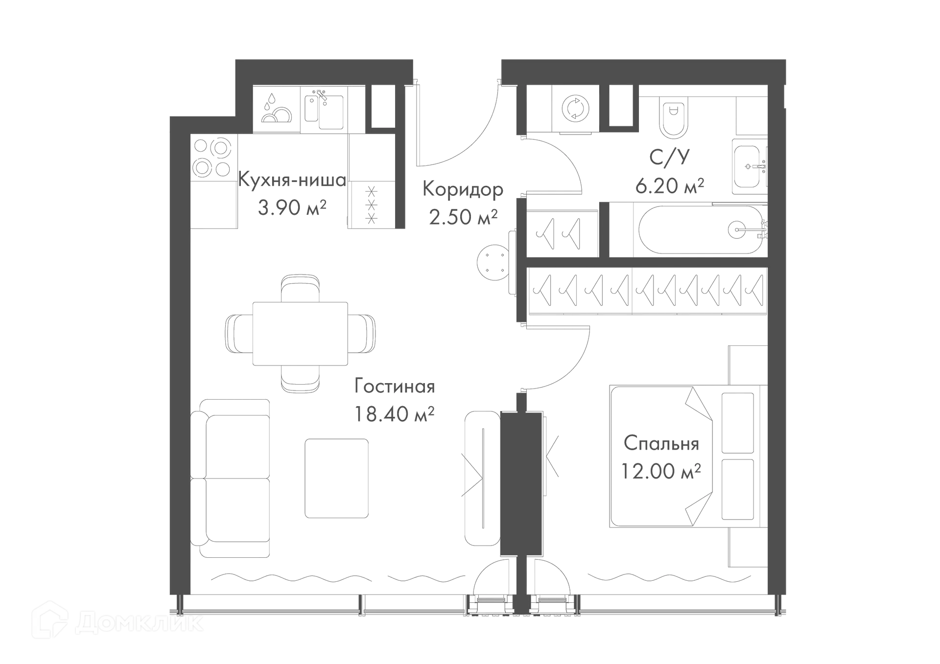 Планировка 1-комнатной квартиры 43 м² в ЖК Жилой комплекс премиум-класса SLAVA (СЛАВА), г. Москва — фото 1