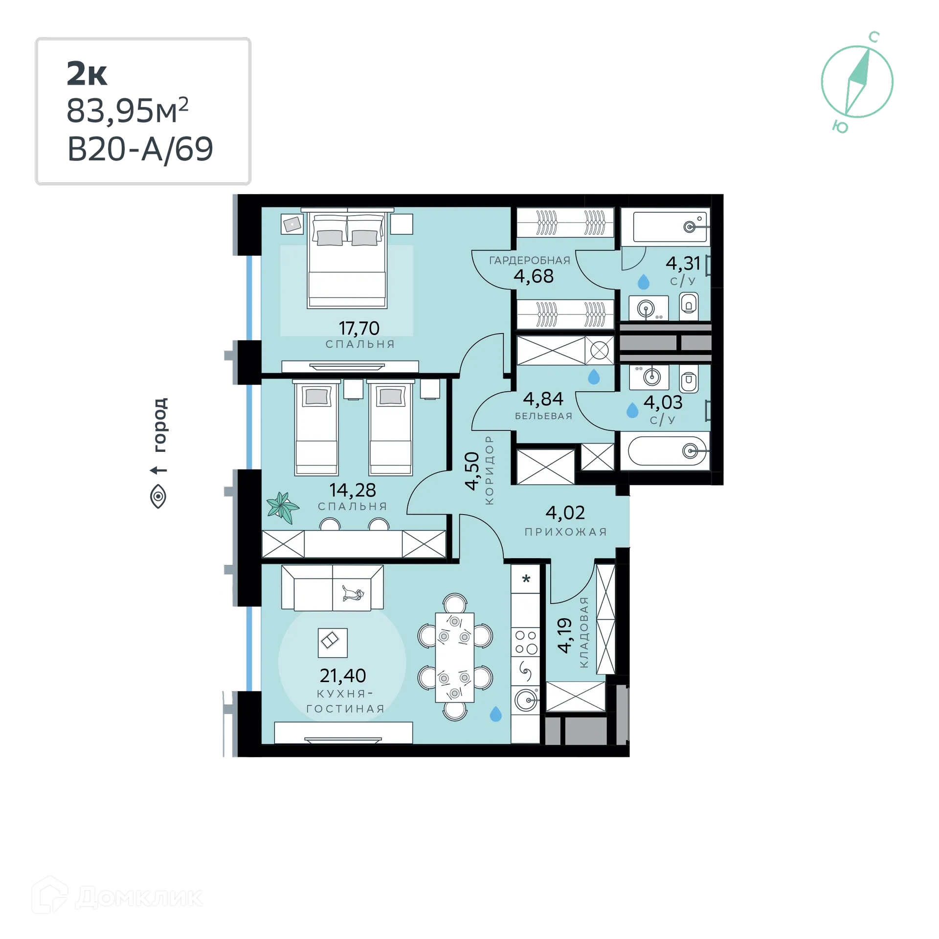 Планировка 2-комнатной квартиры 83.95 м² в СберСити - квартал В20, г. Москва — фото 1