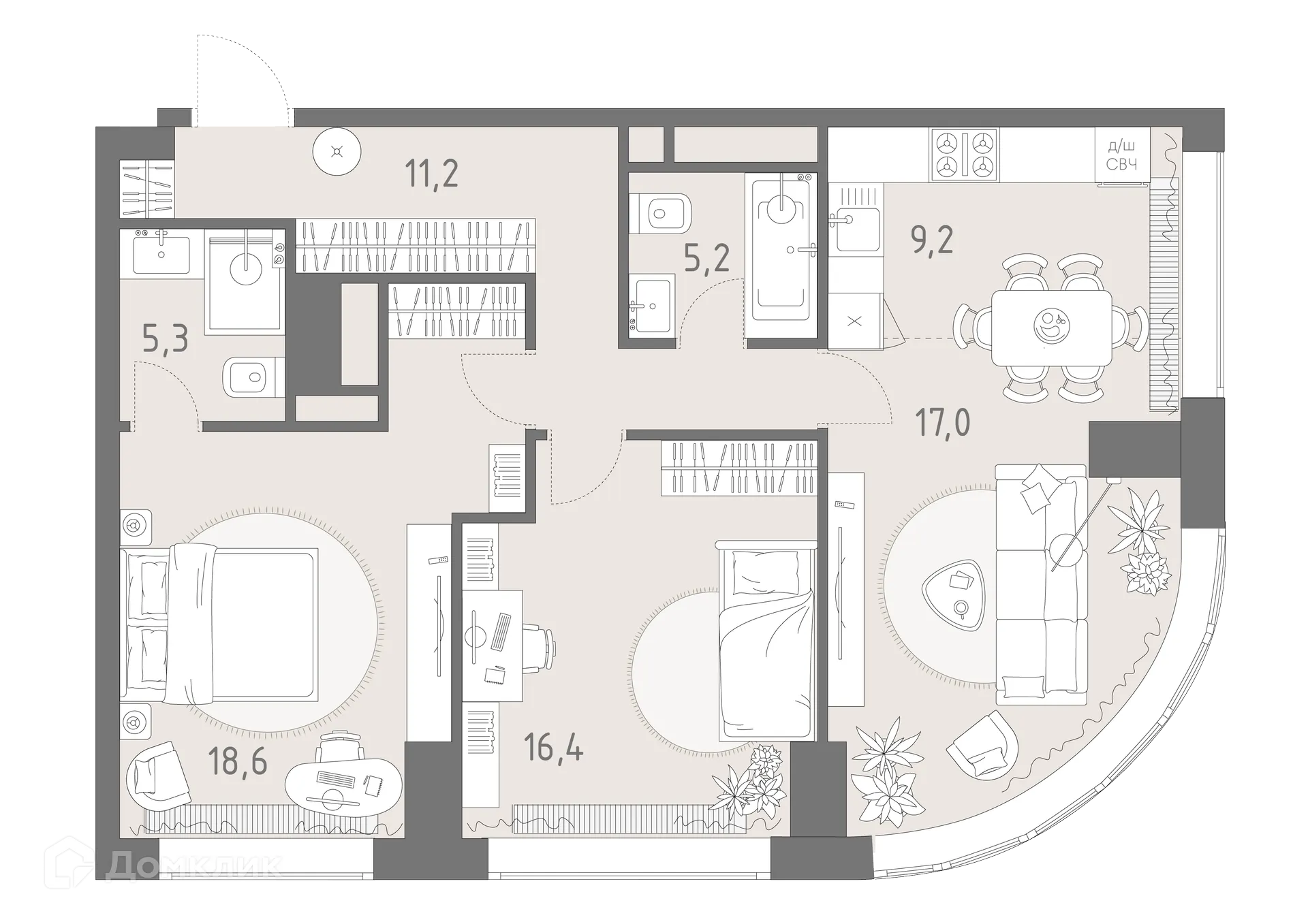Планировка 3-комнатной квартиры 82.9 м² в ЖК РОДИНА ПАРК, г. Москва — фото 2