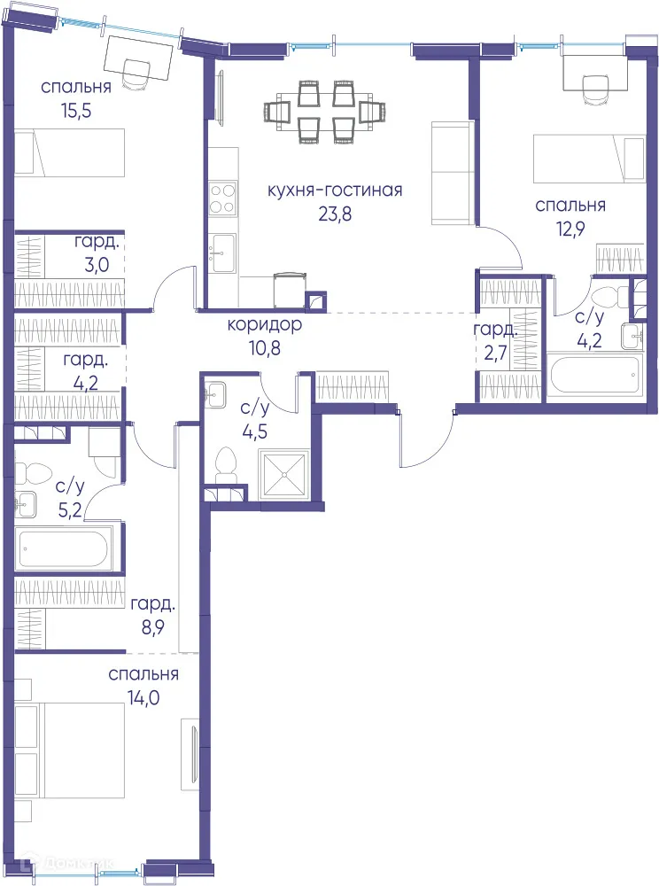 Планировка 3-комнатной квартиры 109.7 м² в ЖК "Событие", г. Москва — фото 2