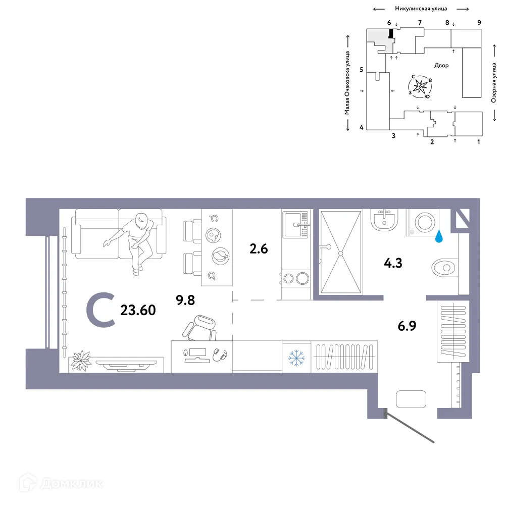 Планировка 1-комнатной квартиры 23.6 м² в ЖК Страна.Озерная, г. Москва — фото 1