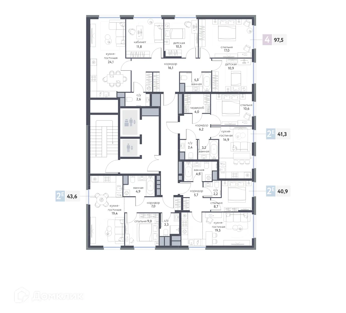 Планировка 4-комнатной квартиры 97 м² в ЖК "Сиреневый парк", г. Москва — фото 2