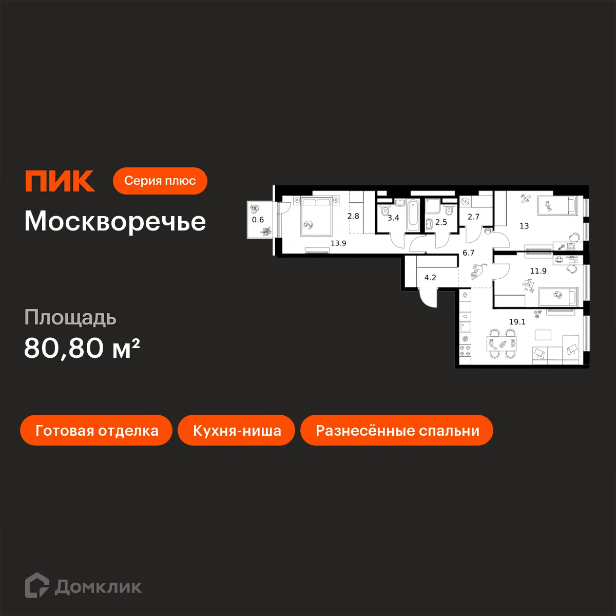 Планировка 3-комнатной квартиры 80.8 м² в ЖК Москворечье, г. Москва — фото 1
