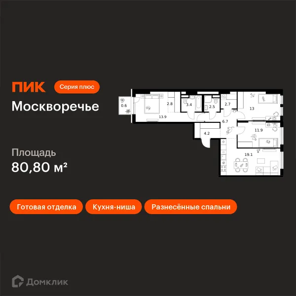 Планировка 3 комн. в ЖК Москворечье