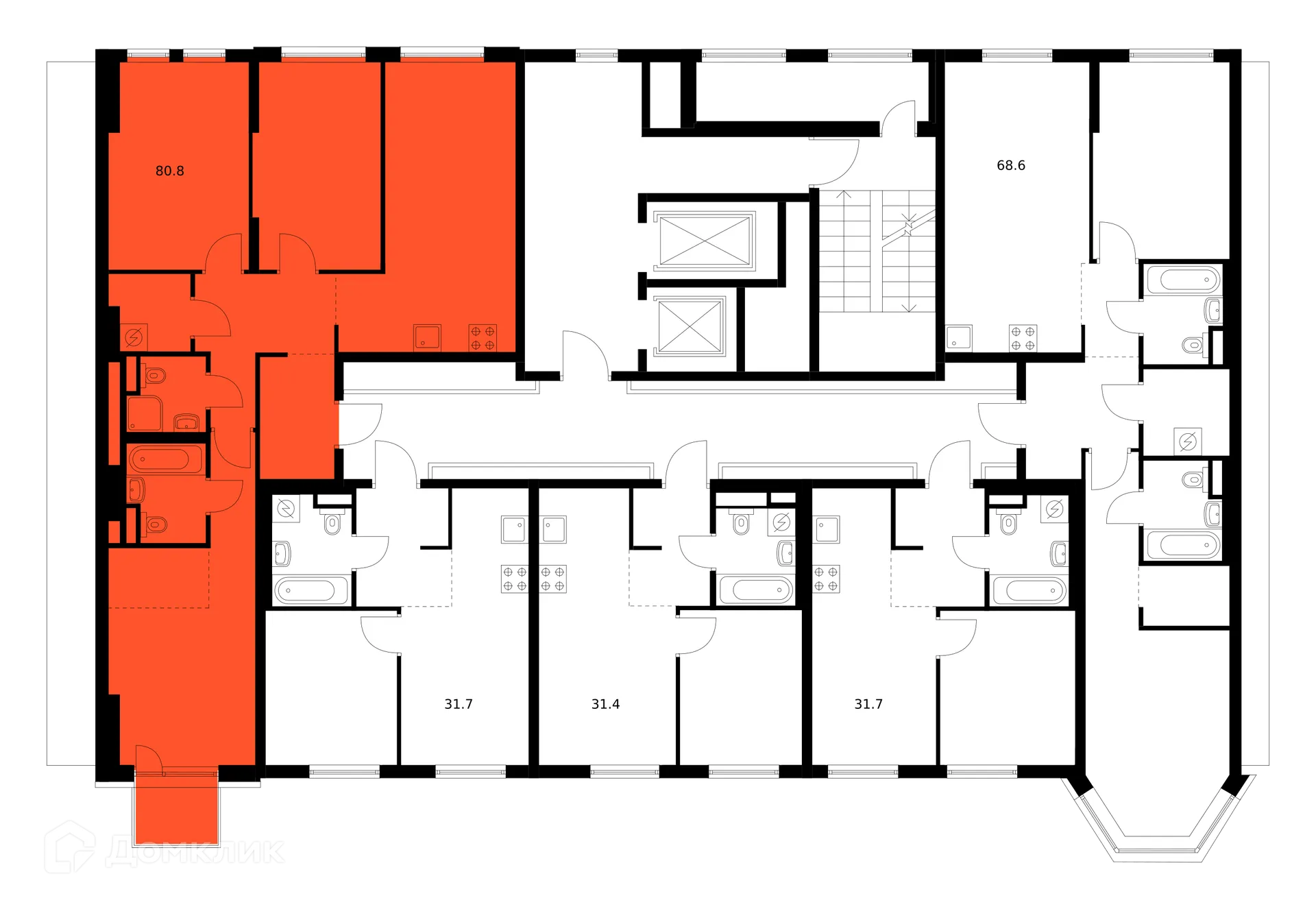 Планировка 3-комнатной квартиры 80.8 м² в ЖК Москворечье, г. Москва — фото 3