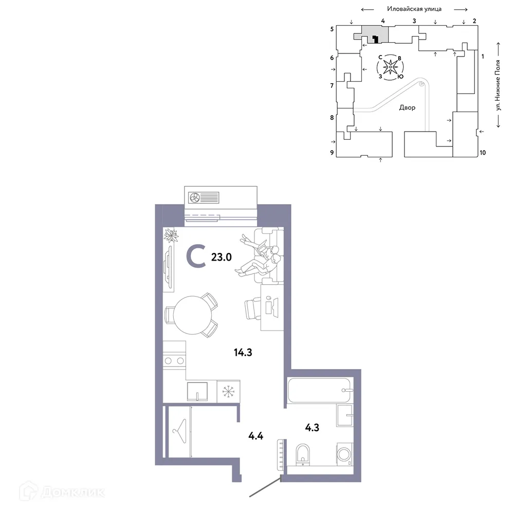 Планировка студии квартиры 23 м² в ЖК СТРАНА.ЗАРЕЧНАЯ, г. Москва — фото 1