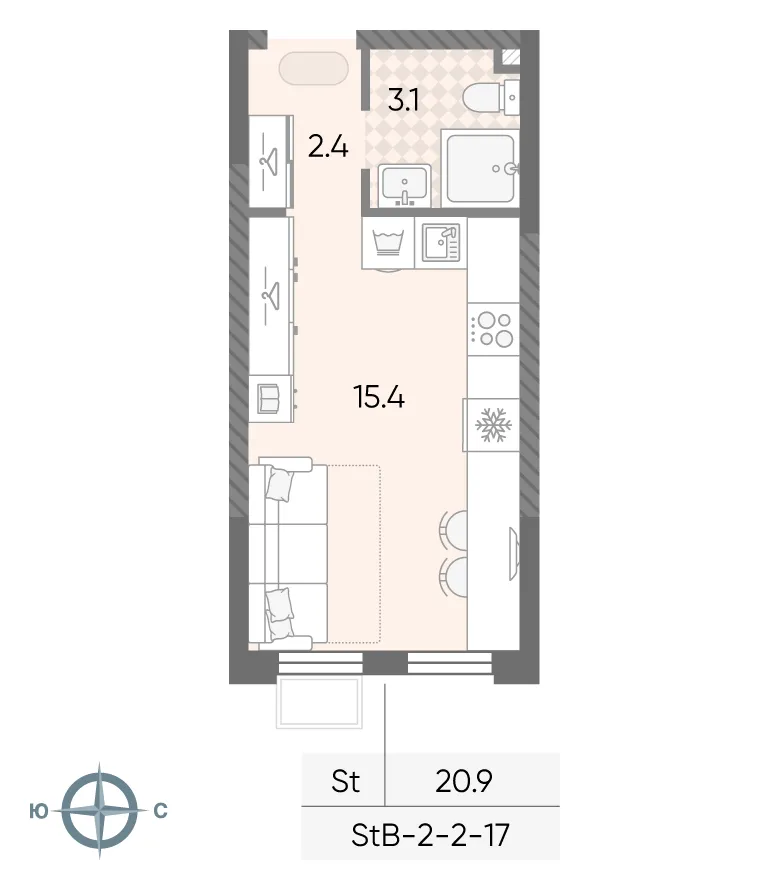Планировка студии квартиры 20.9 м² в ЖК "Лучи", г. Москва — фото 2