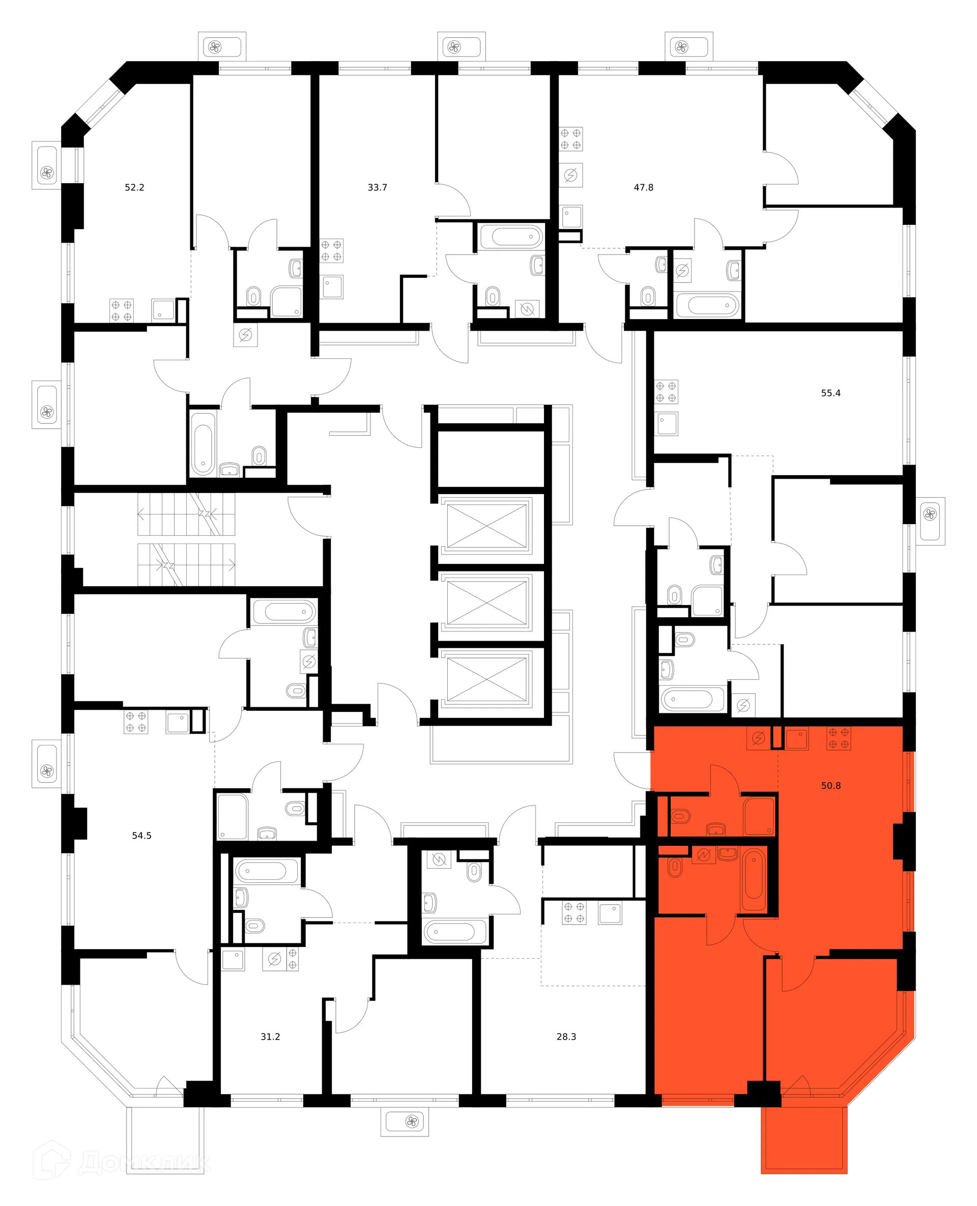 Планировка 2-комнатной квартиры 50.8 м² в ЖК Кавказский бульвар 51, г. Москва — фото 3