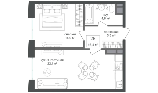 Планировка 1 комн. в ЖК Семеновский парк-2