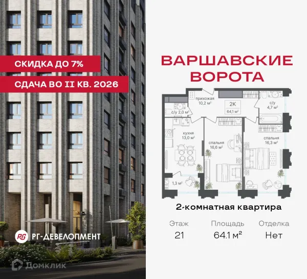 Планировка 2 комн. в ЖК МФК Варшавские ворота