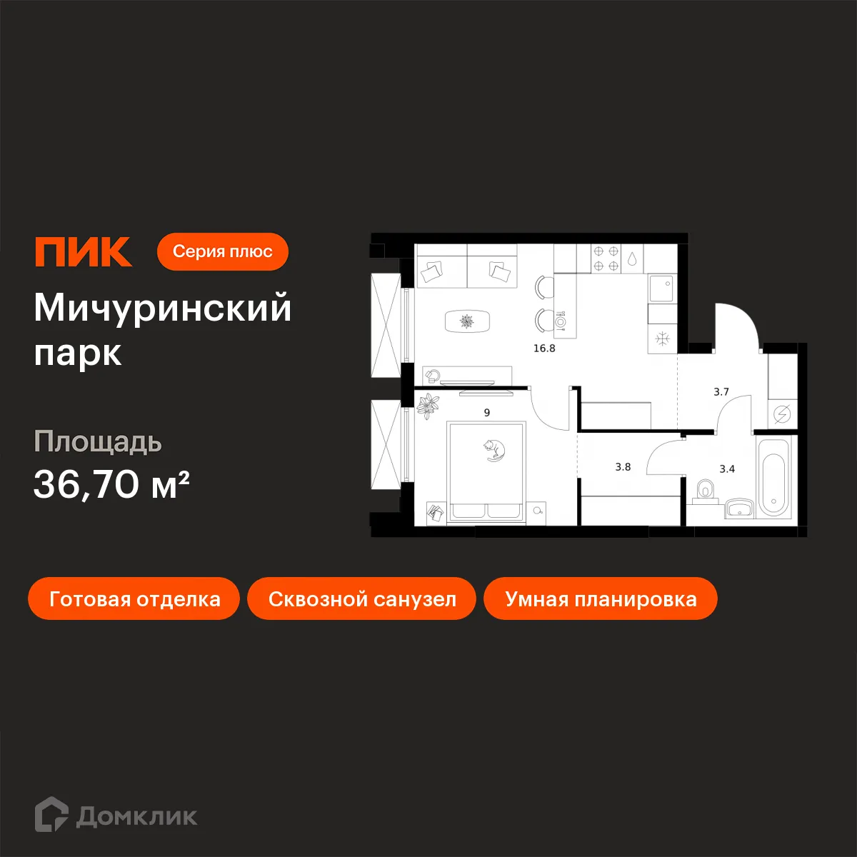 Планировка 1-комнатной квартиры 36.7 м² в ЖК Мичуринский парк, г. Москва — фото 1