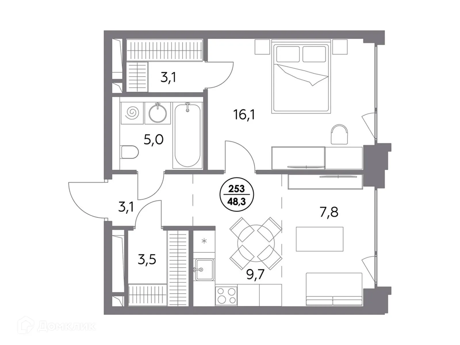 Планировка 1-комнатной квартиры 48.3 м² в ЖК МОНБЛАН, г. Москва — фото 3