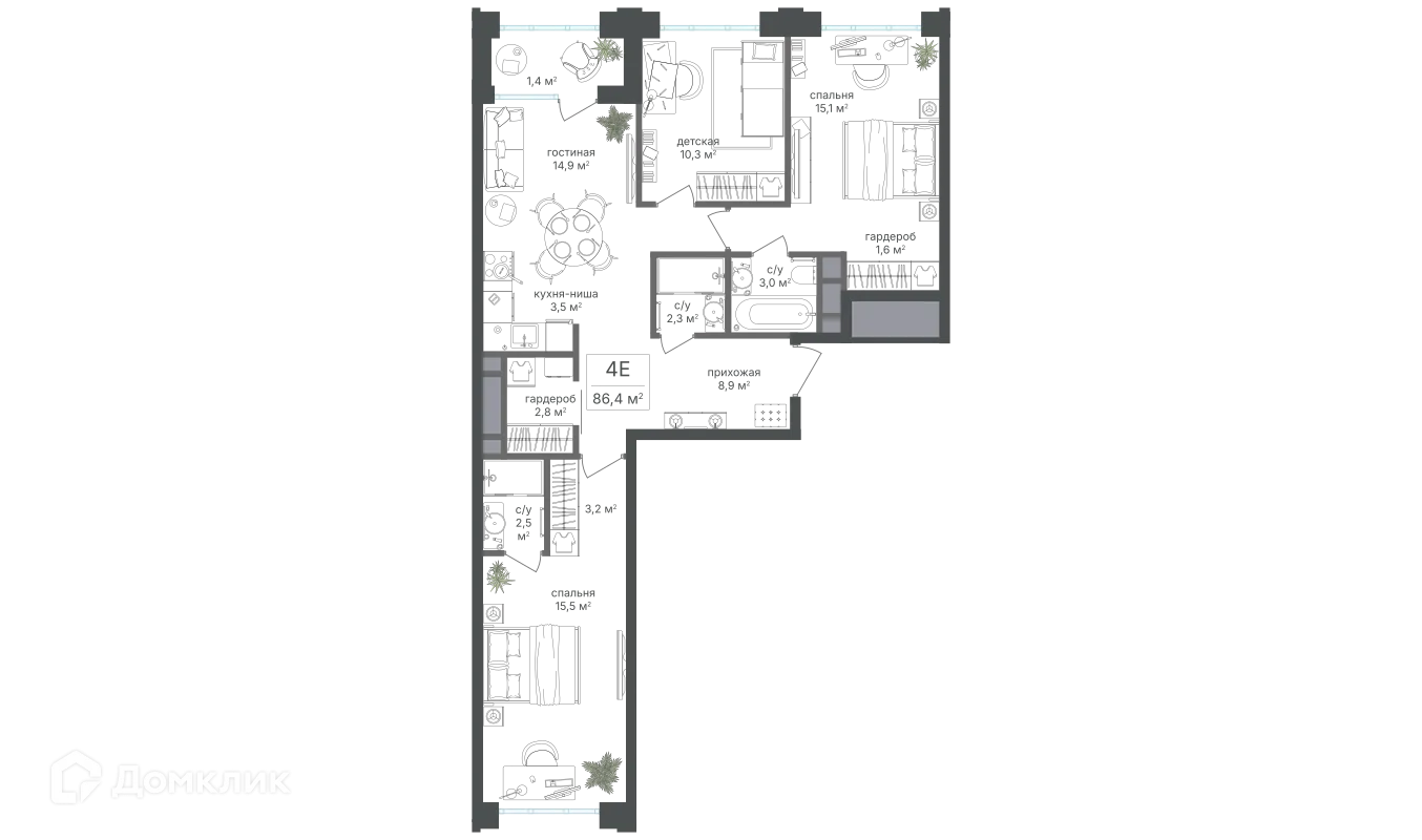 Планировка 4-комнатной квартиры 85 м² в ЖК Михалковский, г. Москва — фото 1