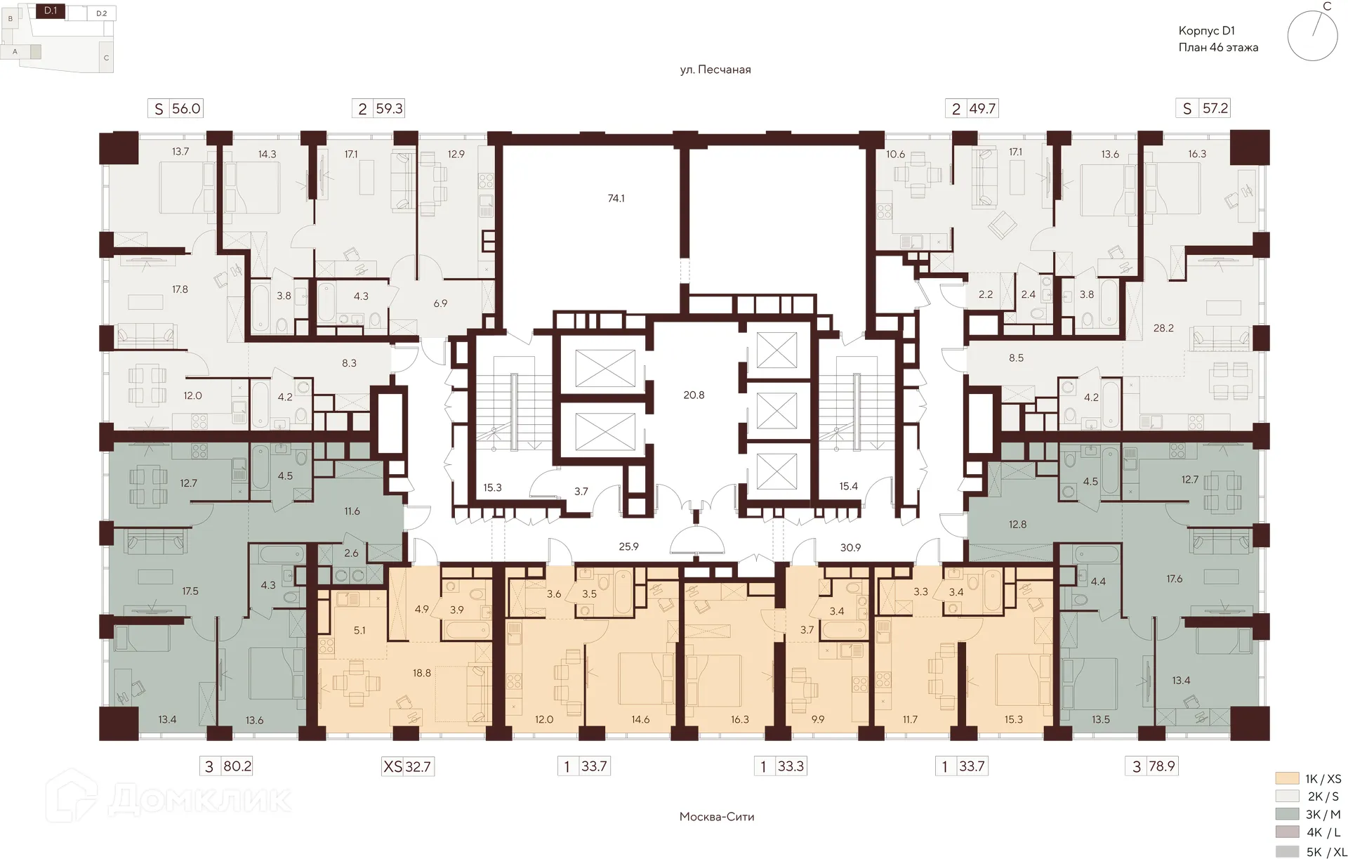 Планировка 1-комнатной квартиры 57.2 м² в ЖК Инди Тауэрз, г. Москва — фото 2