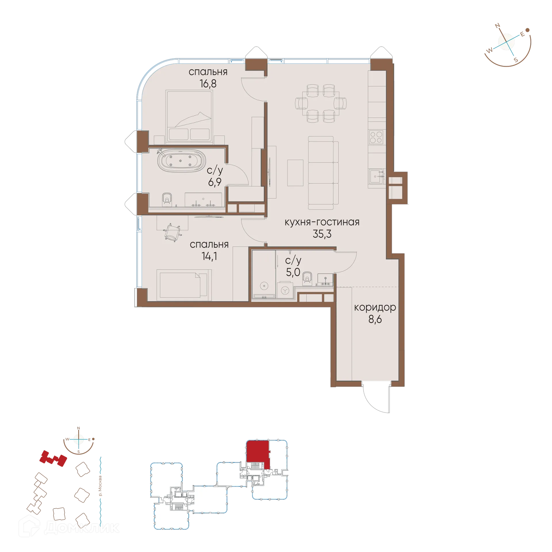 Планировка 2-комнатной квартиры 86.7 м² в ЖК "Остров", г. Москва — фото 1