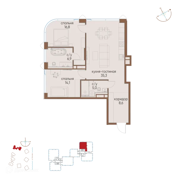 Планировка 2 комн. в ЖК "Остров"