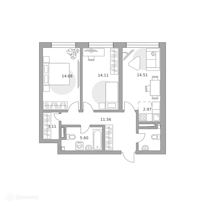 Планировка 3-комнатной квартиры 70.05 м² в ЖК Тринити, г. Москва — фото 1