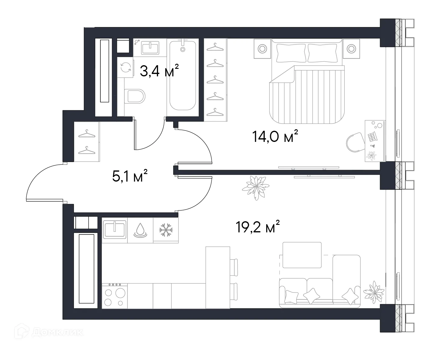 Планировка 1-комнатной квартиры 41.7 м² в ЖК «1-й Нагатинский», г. Москва — фото 1