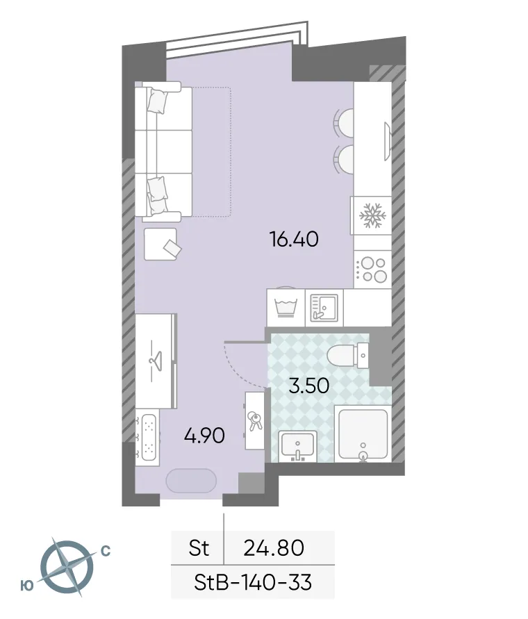 Планировка студии квартиры 24.8 м² в ЖК Обручева 30, г. Москва — фото 2