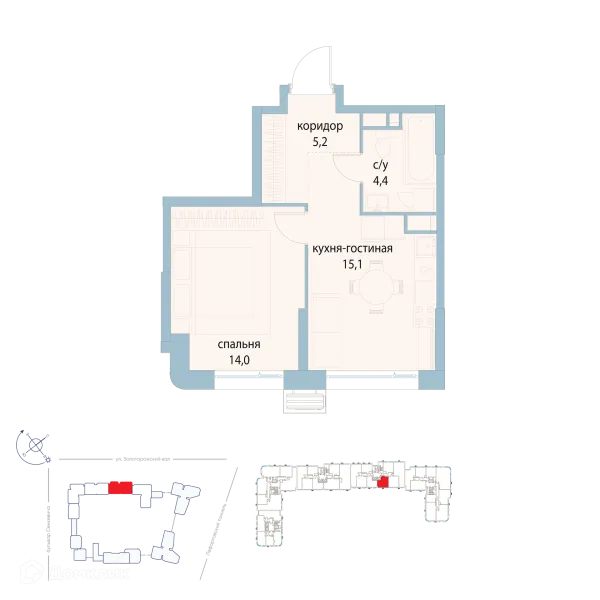 Планировка 1 комн. в ЖК "Символ"