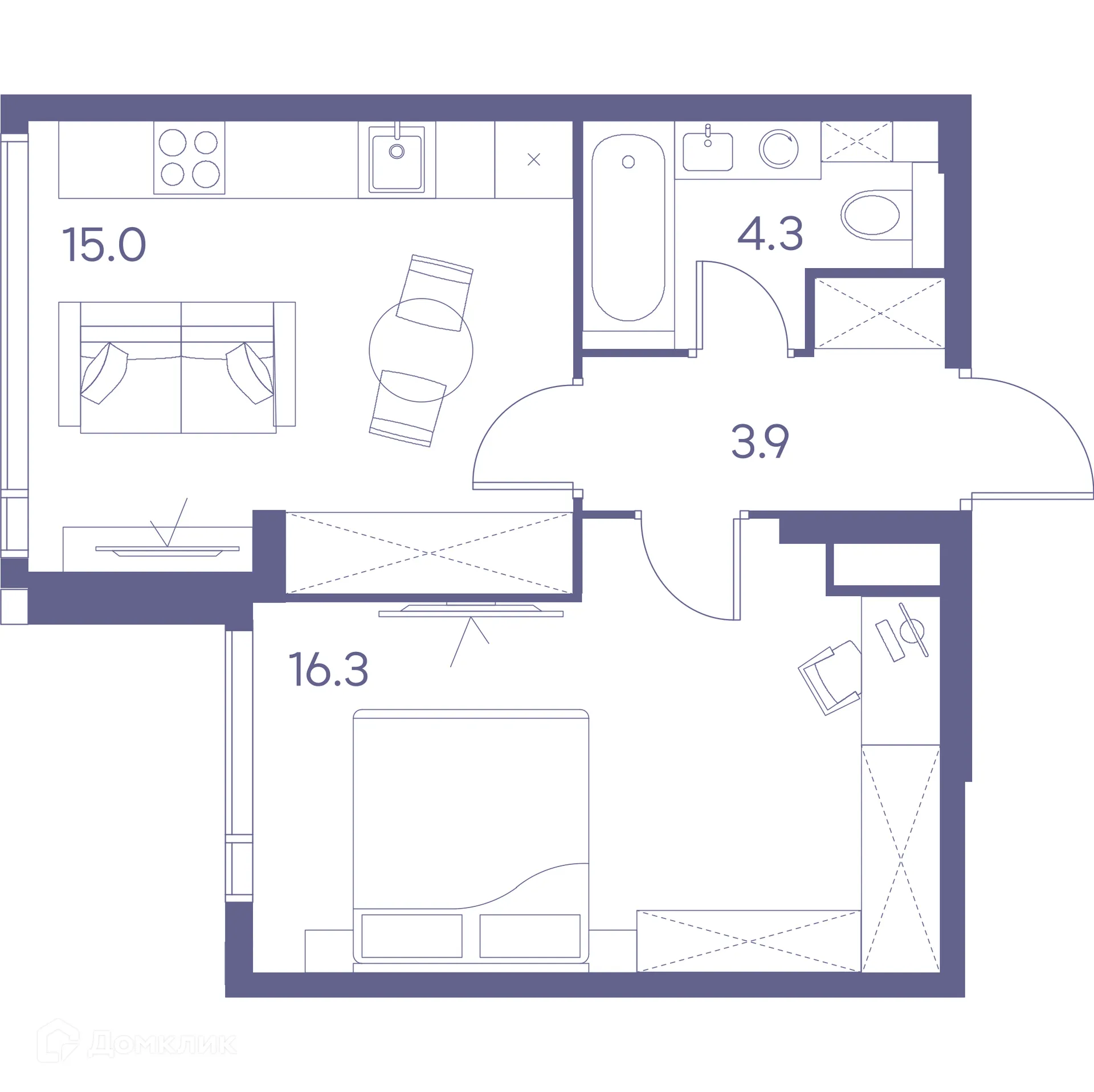 Планировка 1-комнатной квартиры 39.5 м² в Зе Лот от Аквилон, г. Москва — фото 1