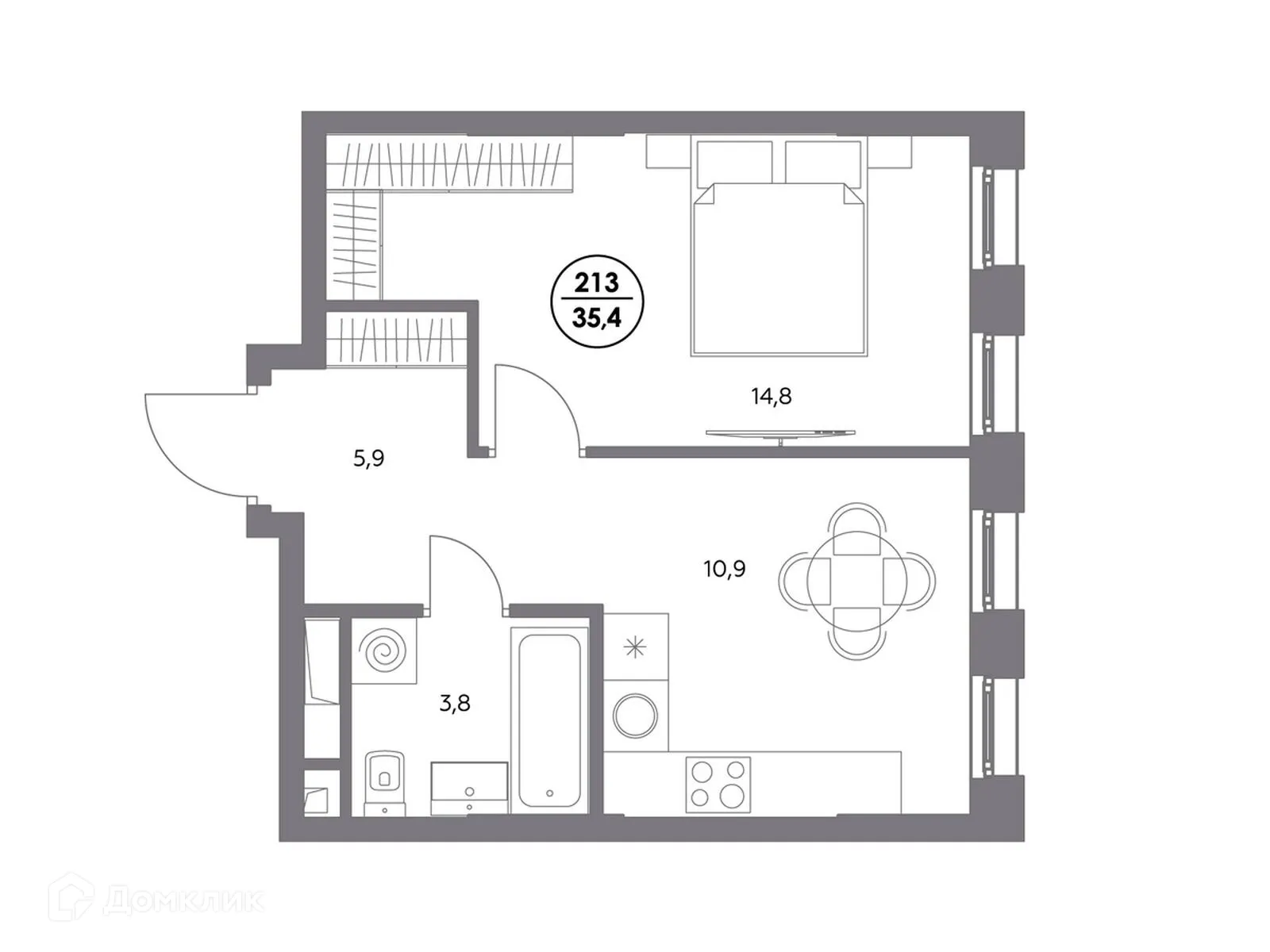 Планировка 1-комнатной квартиры 35.4 м² в ЖК АДМИРАЛ, г. Москва — фото 3