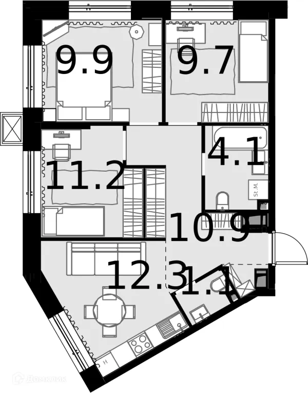 Планировка 3 комн. в ЖК Дом MALEVICH