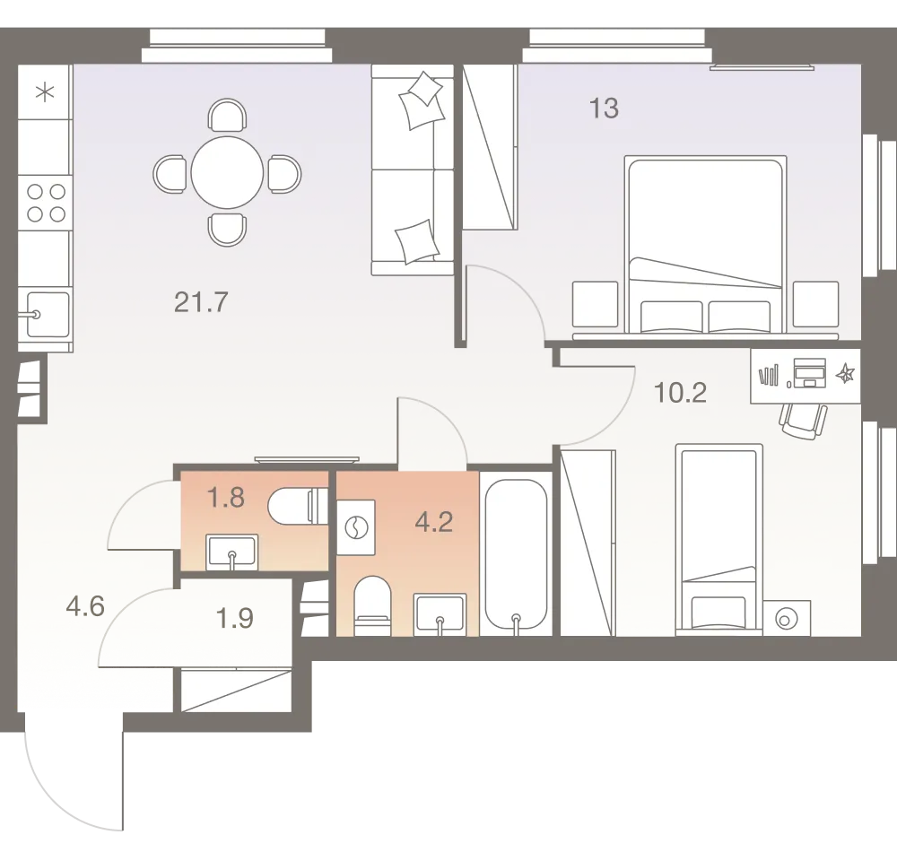 Планировка 3-комнатной квартиры 57.4 м² в ЖК Twelve  (Твелв ), г. Москва — фото 1