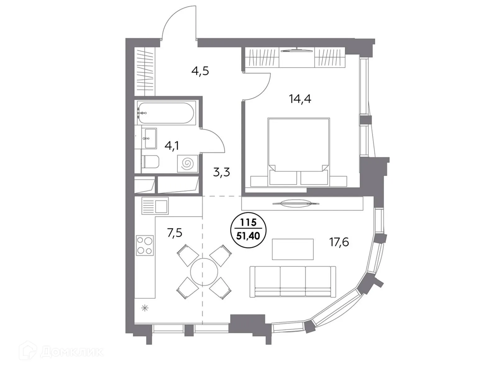 Планировка 1-комнатной квартиры 51.4 м² в ЖК "Дом 56", г. Москва — фото 3